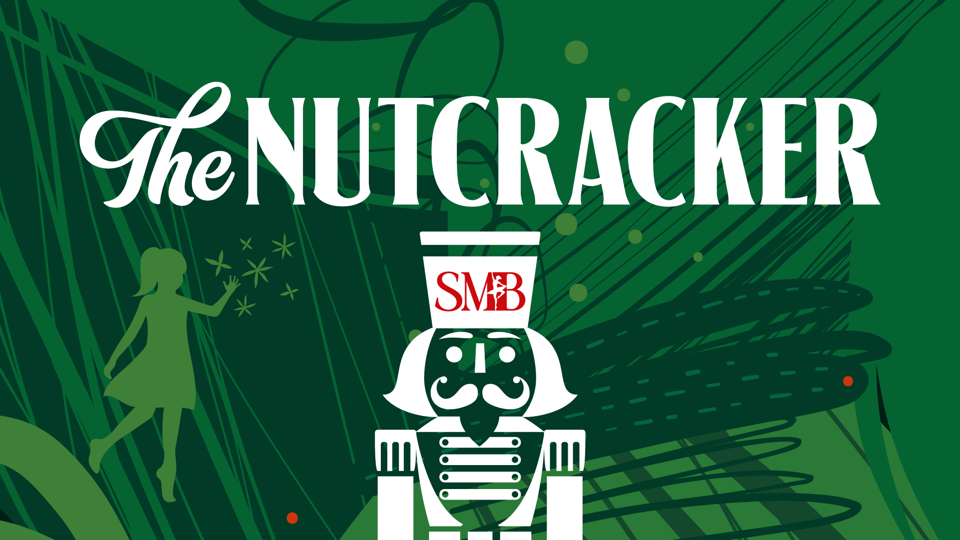 In white text: The Nutcracker, over a green background with holiday ornamentation.